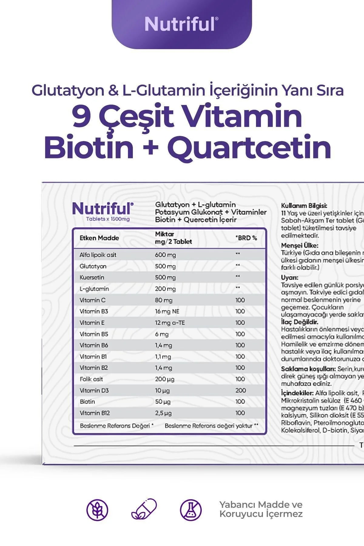 Nutriful Glutawell Glutatyon & L-glutamin - 9 type Vitamine+Biotine+Quercetin - Huid- Haar- Nagelverzorging & Spijsverteringsproblemen - 30 tabletten x 1500 mg