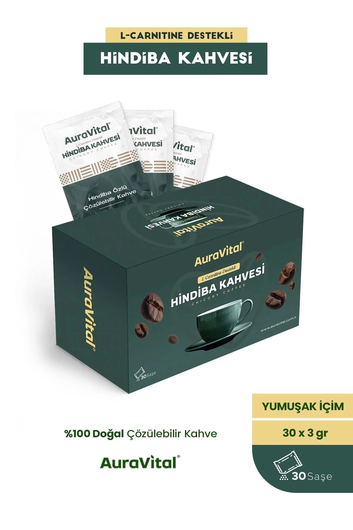 AuraVital Koffie - Hindiba (Cichorei) Koffie Detox Formulier Dieet Bevat L-Carnitine 30x3 gr