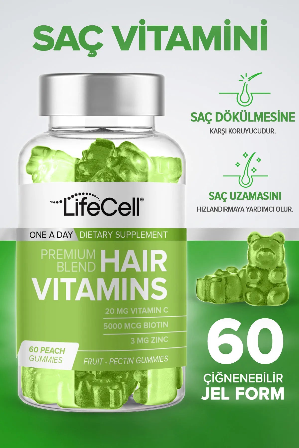 LifeCell Hair Vitamins Premium blend - Fruit 60 Pectin Gummies - Kauwbare Haarvitamine – Supplement met Biotine Zink en Vitamine A+B12+C+E - Levendiger sterker en gezonder haar - Nagel versterken - Snellere haargroei - Haaruitval - 60 Perzikgummies