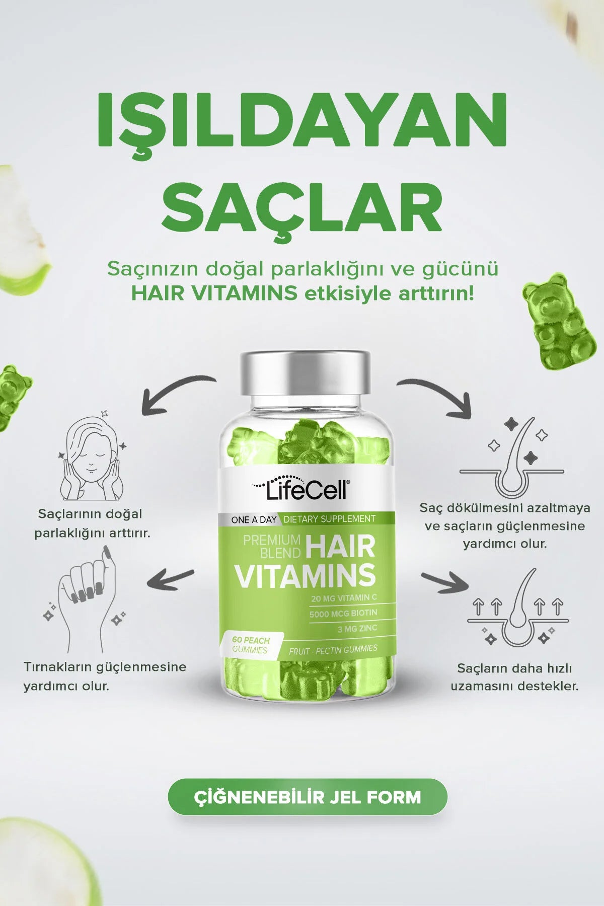 LifeCell Hair Vitamins Premium blend - Fruit 60 Pectin Gummies - Kauwbare Haarvitamine – Supplement met Biotine Zink en Vitamine A+B12+C+E - Levendiger sterker en gezonder haar - Nagel versterken - Snellere haargroei - Haaruitval - 60 Perzikgummies