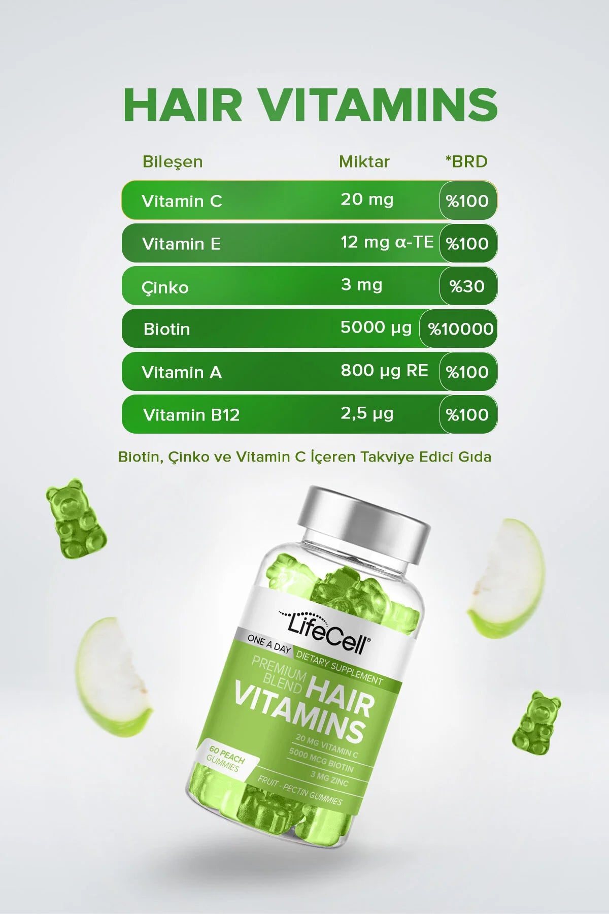 LifeCell Hair Vitamins Premium blend - Fruit 60 Pectin Gummies - Kauwbare Haarvitamine – Supplement met Biotine Zink en Vitamine A+B12+C+E - Levendiger sterker en gezonder haar - Nagel versterken - Snellere haargroei - Haaruitval - 60 Perzikgummies