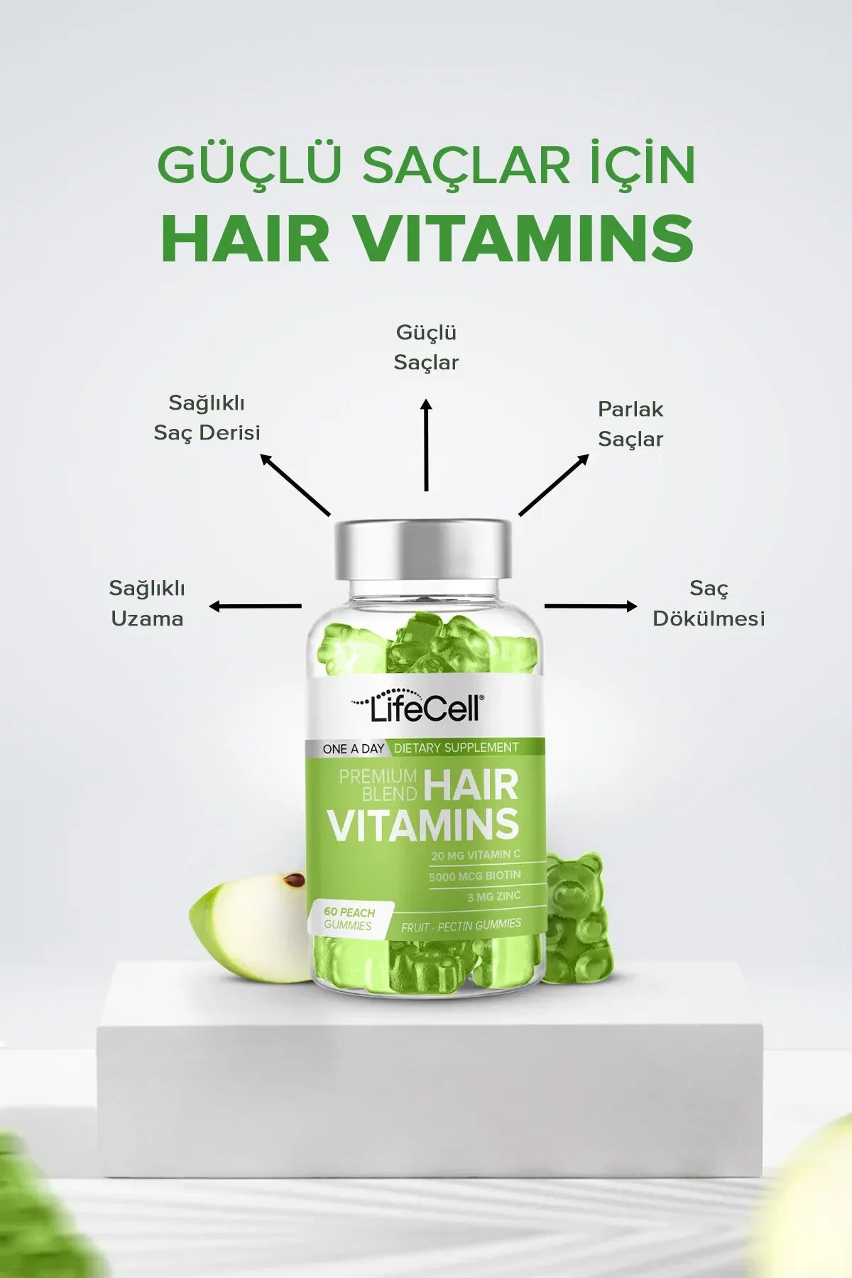 LifeCell Hair Vitamins Premium blend - Fruit 60 Pectin Gummies - Kauwbare Haarvitamine – Supplement met Biotine Zink en Vitamine A+B12+C+E - Levendiger sterker en gezonder haar - Nagel versterken - Snellere haargroei - Haaruitval - 60 Perzikgummies