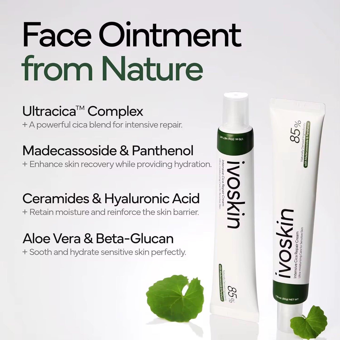 Ivoskin Intensive Cica Repair Cream Ultra-Moisturizing Care for Sensitive Skin with Centella Asiatica Madecassoside Panthenol Ceramides Hyaluronic Acid - Herstellende Creme - Ultra-Hydraterende verzorging voor gevoelige huid - Diepe hydratatie - 50gr