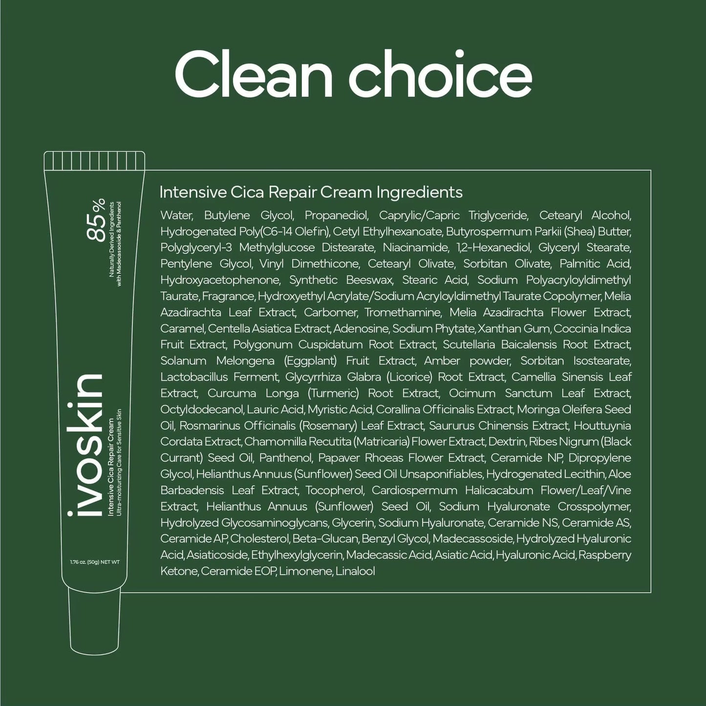Ivoskin Intensive Cica Repair Cream Ultra-Moisturizing Care for Sensitive Skin with Centella Asiatica Madecassoside Panthenol Ceramides Hyaluronic Acid - Herstellende Creme - Ultra-Hydraterende verzorging voor gevoelige huid - Diepe hydratatie - 50gr