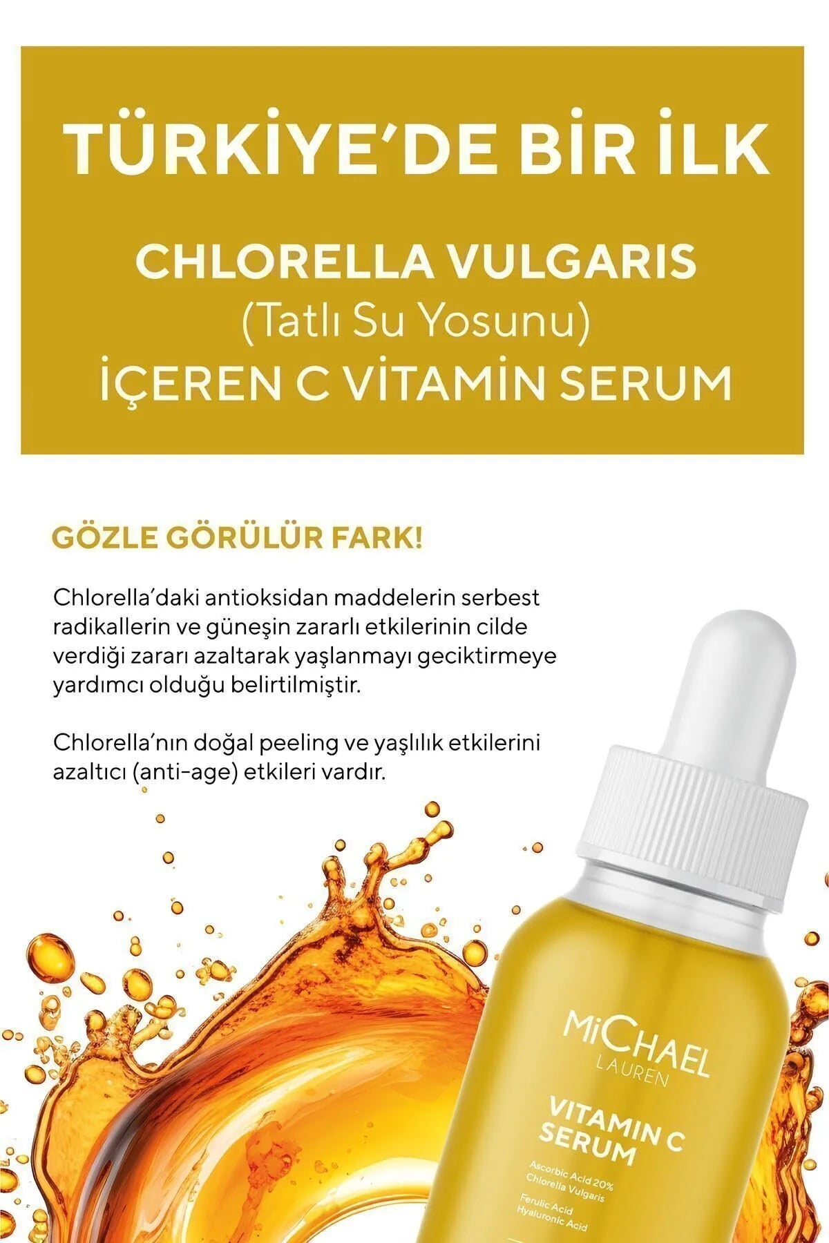 MiChael Lauren Serum Anti-vlekken Chlorella Algenextract 20% Vitamine C Serum Plus + Ferulic Acid + Hyaluronic Acid (Chlorella vulgaris) Verzacht Hydrateert Vermindert lijntjes en rimpels Corrigeert ruwe huid geneest Acnevlekken en Littekens 30 ml
