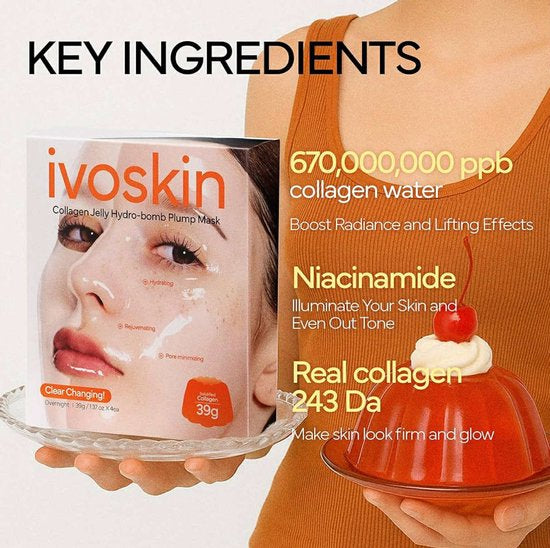Ivoskin Collagen Jelly Hydro-bomb Plump Mask(4ea) - Hydraterend - Verjongend - Poriën verkleinend - Echt collageenmasker - Verstevigend voor stralende huid - Collageenwater meer dan 670.000 ppm - Dermatologisch getest