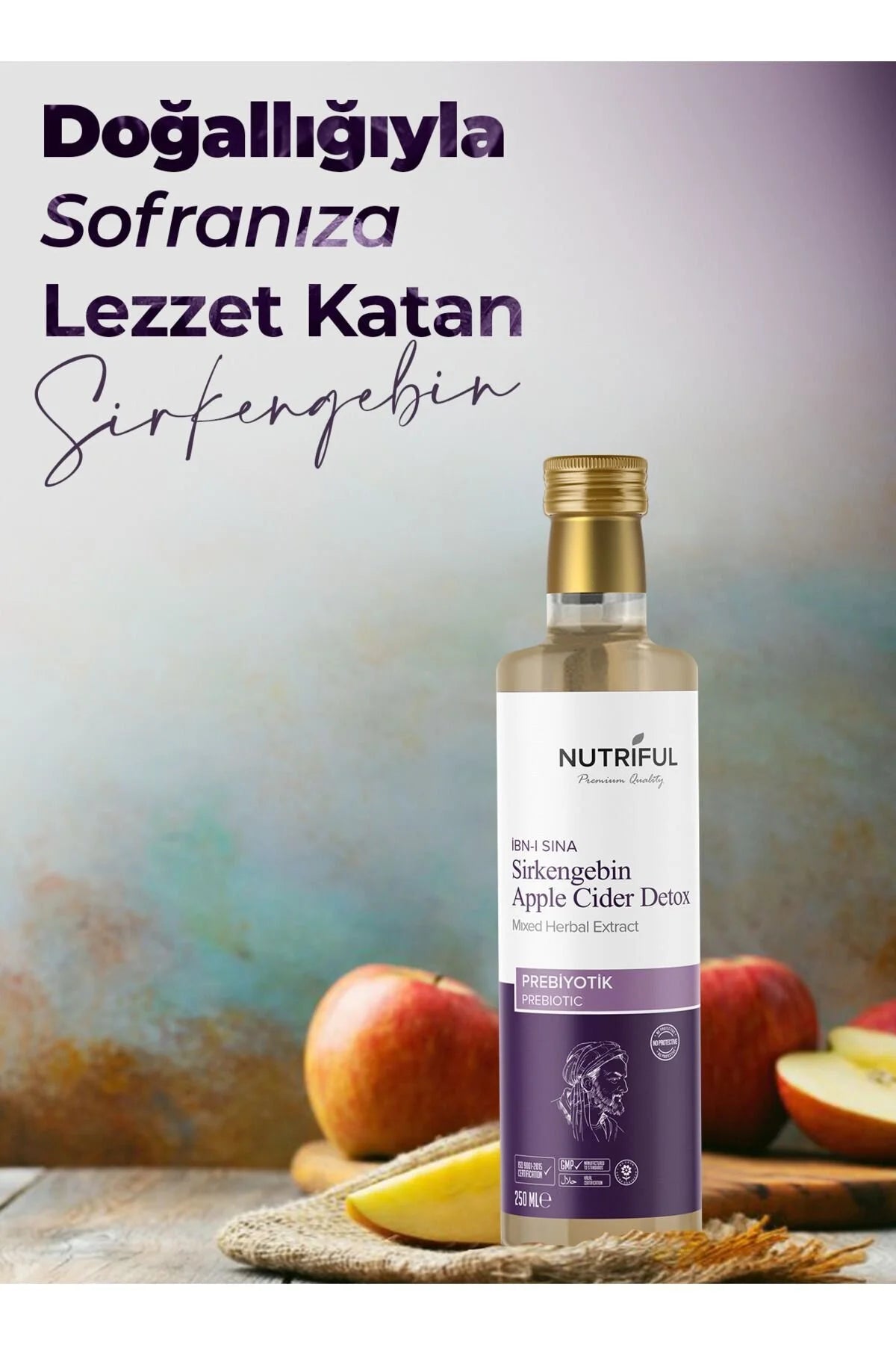 Nutriful Ibn-i Sina Sirkengebin AppelCider Prebiotische Detox Azijn (Prebiotic) - Gemengd kruidenextract - Halal - Bloemenhoning - Appelciderazijn - Meidoornazijn - Druivenazijn - Rozemarijnsap - Tijmwater - 1 fles van 250 ml