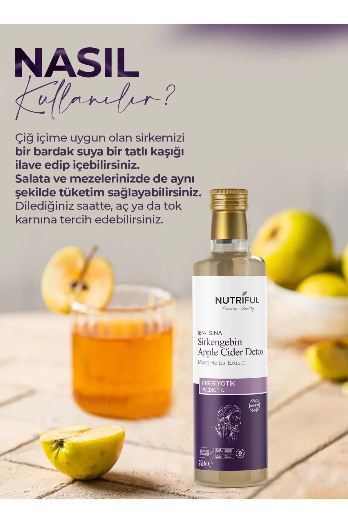 Nutriful Ibn-i Sina Sirkengebin AppelCider Prebiotische Detox Azijn (Prebiotic) - Gemengd kruidenextract - Halal - Bloemenhoning - Appelciderazijn - Meidoornazijn - Druivenazijn - Rozemarijnsap - Tijmwater - 1 fles van 250 ml