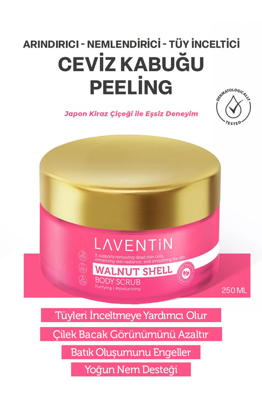 Laventin Body Scrub Purifying Moisturizing Walnut Shell - Intensieve Vochtondersteuning - Reinigend - Hydraterend - Haarverdunning - Hand-, Voet- en Lichaamsscrub/peeling - Legendarische geur van Japanse kersenbloesem - Dermatologisch getest 250ml
