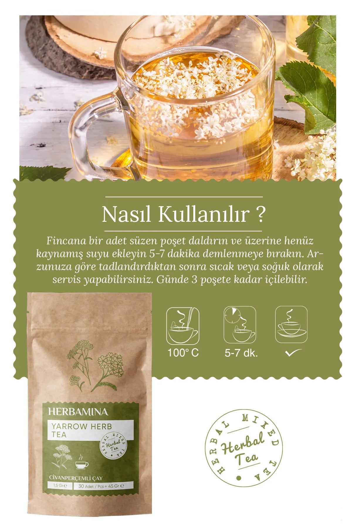 Herbamina Detox Thee / Duizendblad Gemengde Kruidenthee (duizendbladkruidenthee) Civanpercemli Cay / Yarrow Herbal Mixed Tea 1,5gr x 30 zakjes