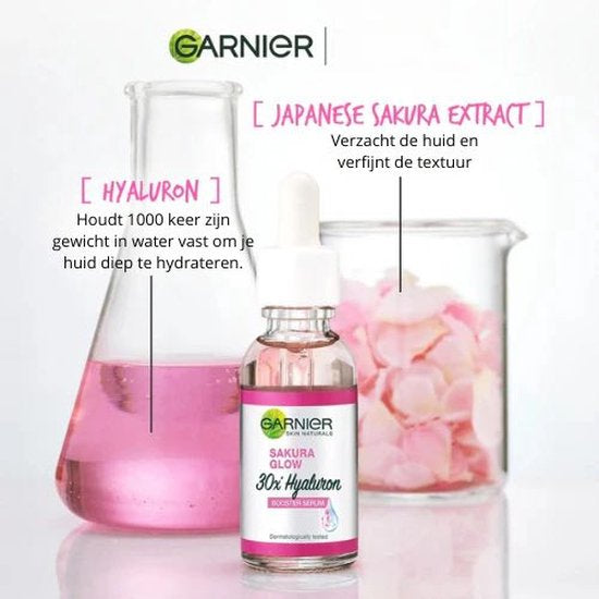 GARNIER Sakura White Hyaluronzuur Booster Hydraterende Serum 30 ml Sakura Glow 30x Verstevigende Huid Fijne Lijntjes Gezichtsverzorging Geschikt voor alle huidtypen en dermatologisch getest