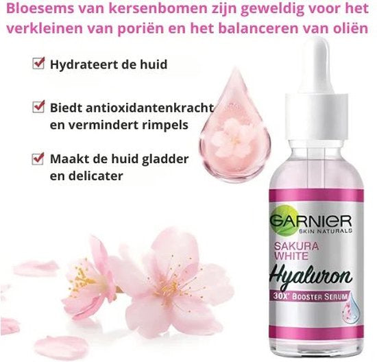 GARNIER Sakura White Hyaluronzuur Booster Hydraterende Serum 30 ml Sakura Glow 30x Verstevigende Huid Fijne Lijntjes Gezichtsverzorging Geschikt voor alle huidtypen en dermatologisch getest