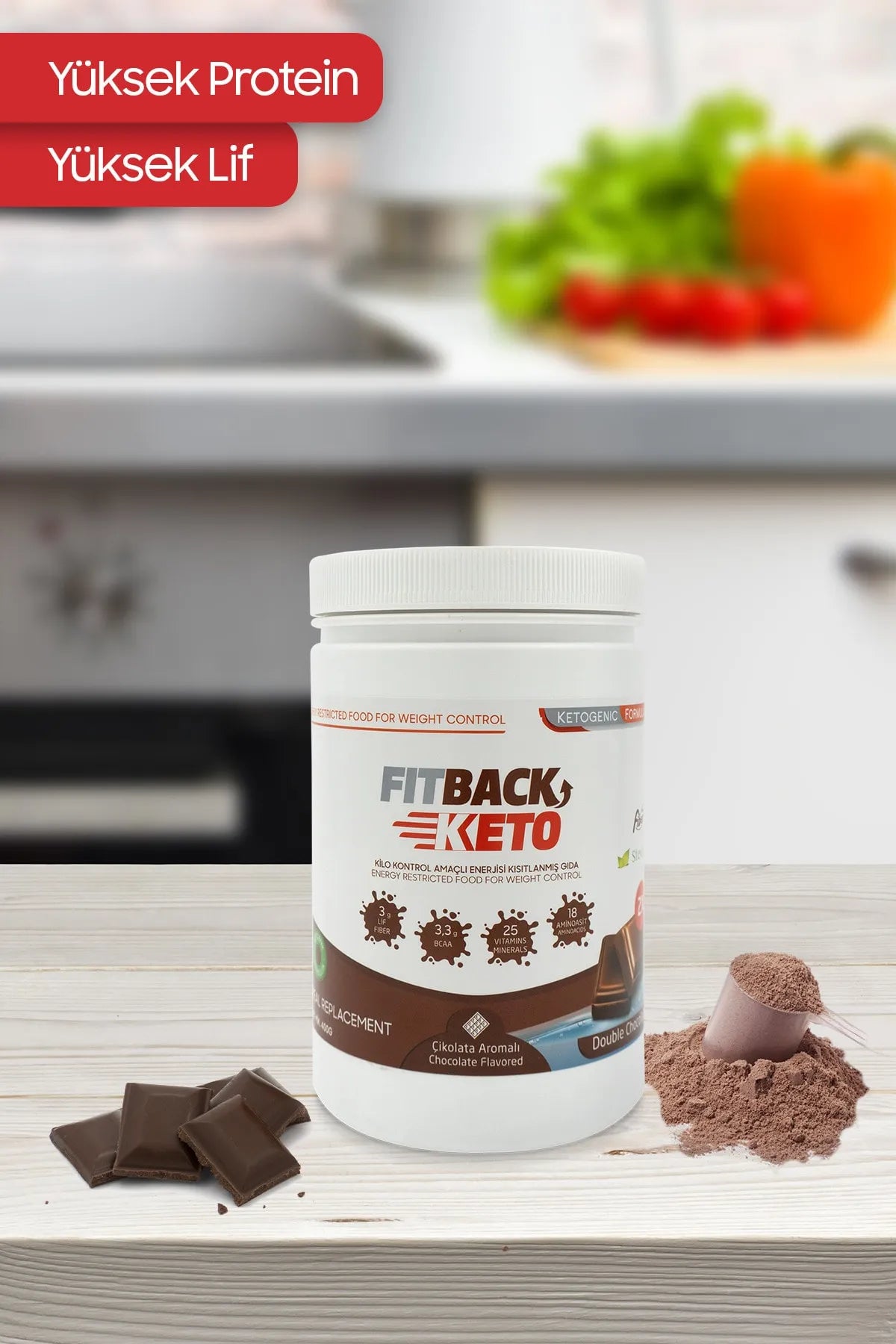 Fitback Keto | Ketogeen Lichaams Gewicht Maaltijdvervanging voor Gewichtcontrole / Vitaminen & Mineralen / Chocoladesmaak 400 gr