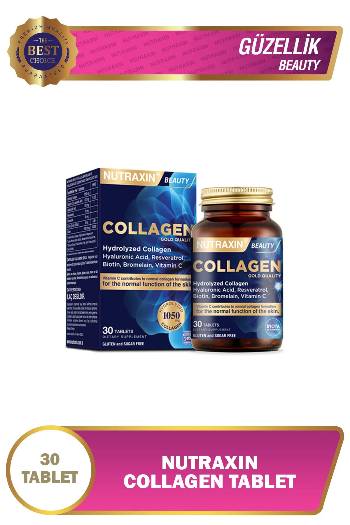 Nutraxin Beauty Collagen Gold Quality 30 Tabletten | Collageen met Hyaluronzuur, Biotine & Vitamine C