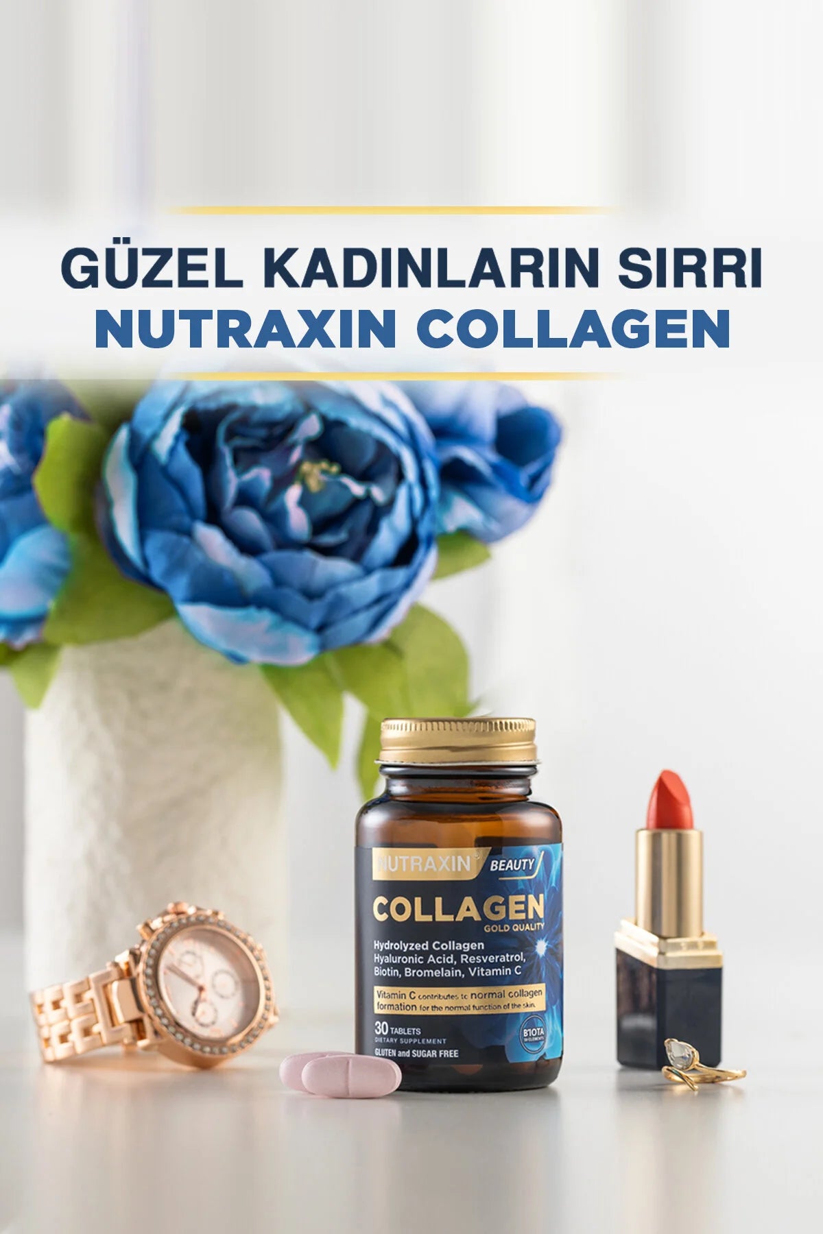 Nutraxin Beauty Collagen Gold Quality 30 Tabletten | Collageen met Hyaluronzuur, Biotine & Vitamine C