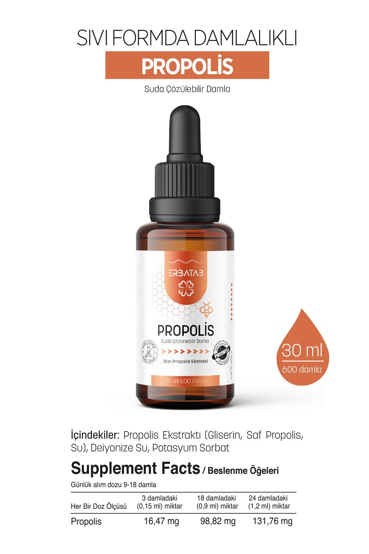 Erbatab Propolis Druppels - Wateroplosbare Propolis Extract - Natuurlijke Weerstandsversterker - 30 ml (600 druppels)