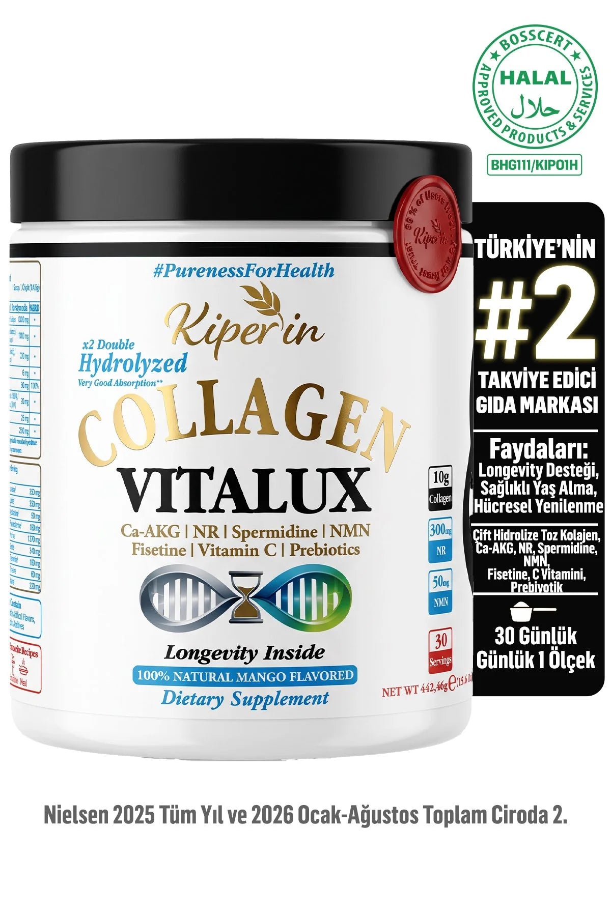Kiperin Collagen Vitalux – Collageen Poeder met 10.000 mg Gehydrolyseerd Collageen, NMN, NR, Spermidine, Ca-AKG, Fisetine & Vitamine C – Mango Smaak – 444 g