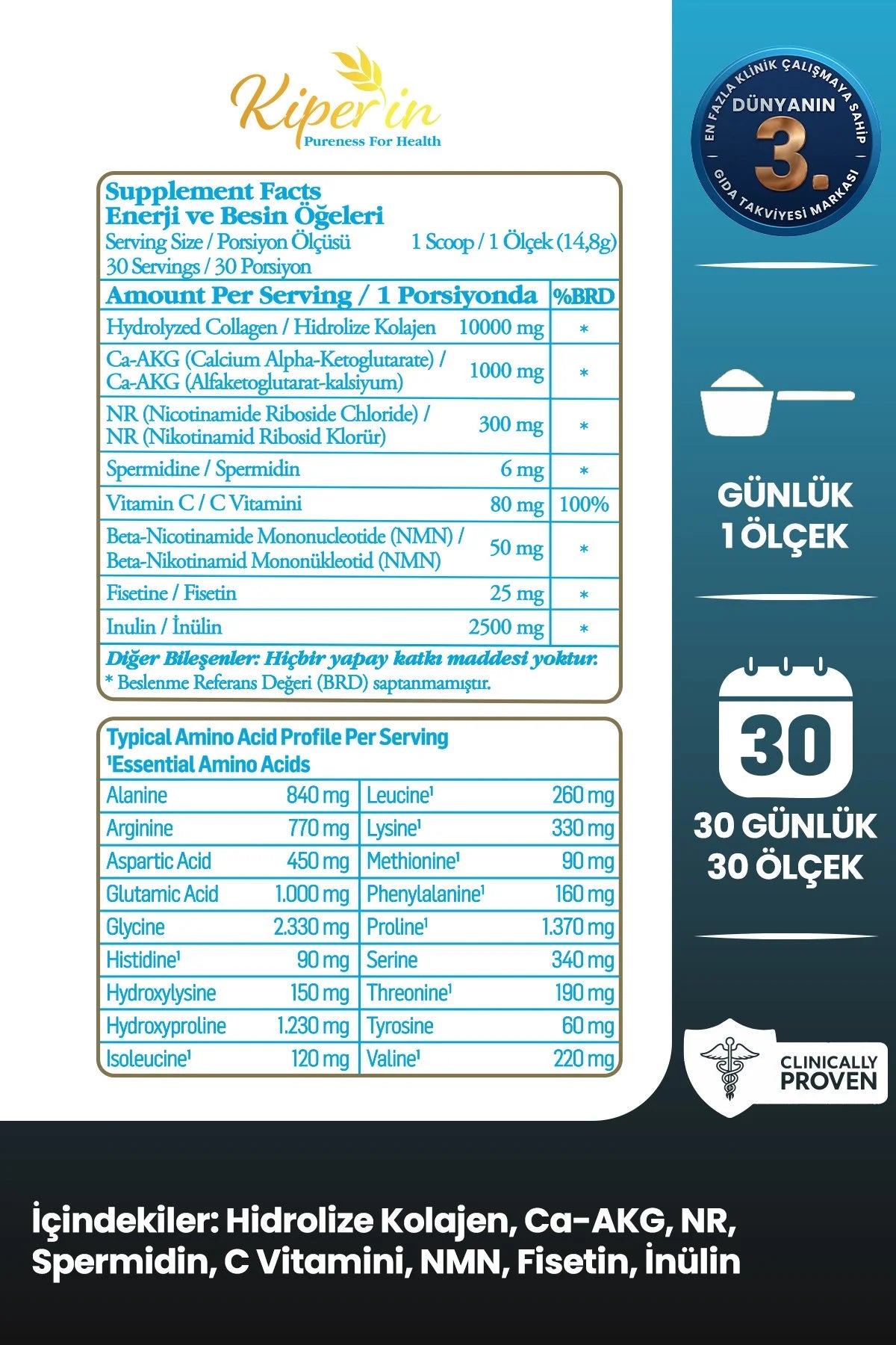 Kiperin Collagen Vitalux – Collageen Poeder met 10.000 mg Gehydrolyseerd Collageen, NMN, NR, Spermidine, Ca-AKG, Fisetine & Vitamine C – Mango Smaak – 444 g