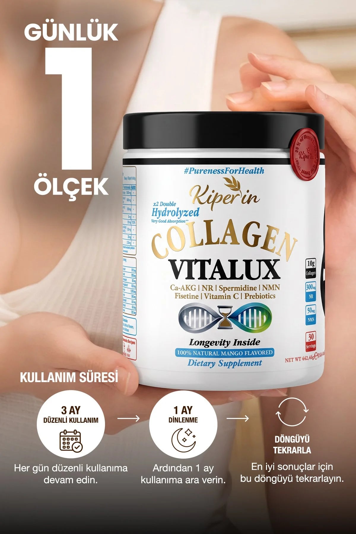 Kiperin Collagen Vitalux – Collageen Poeder met 10.000 mg Gehydrolyseerd Collageen, NMN, NR, Spermidine, Ca-AKG, Fisetine & Vitamine C – Mango Smaak – 444 g