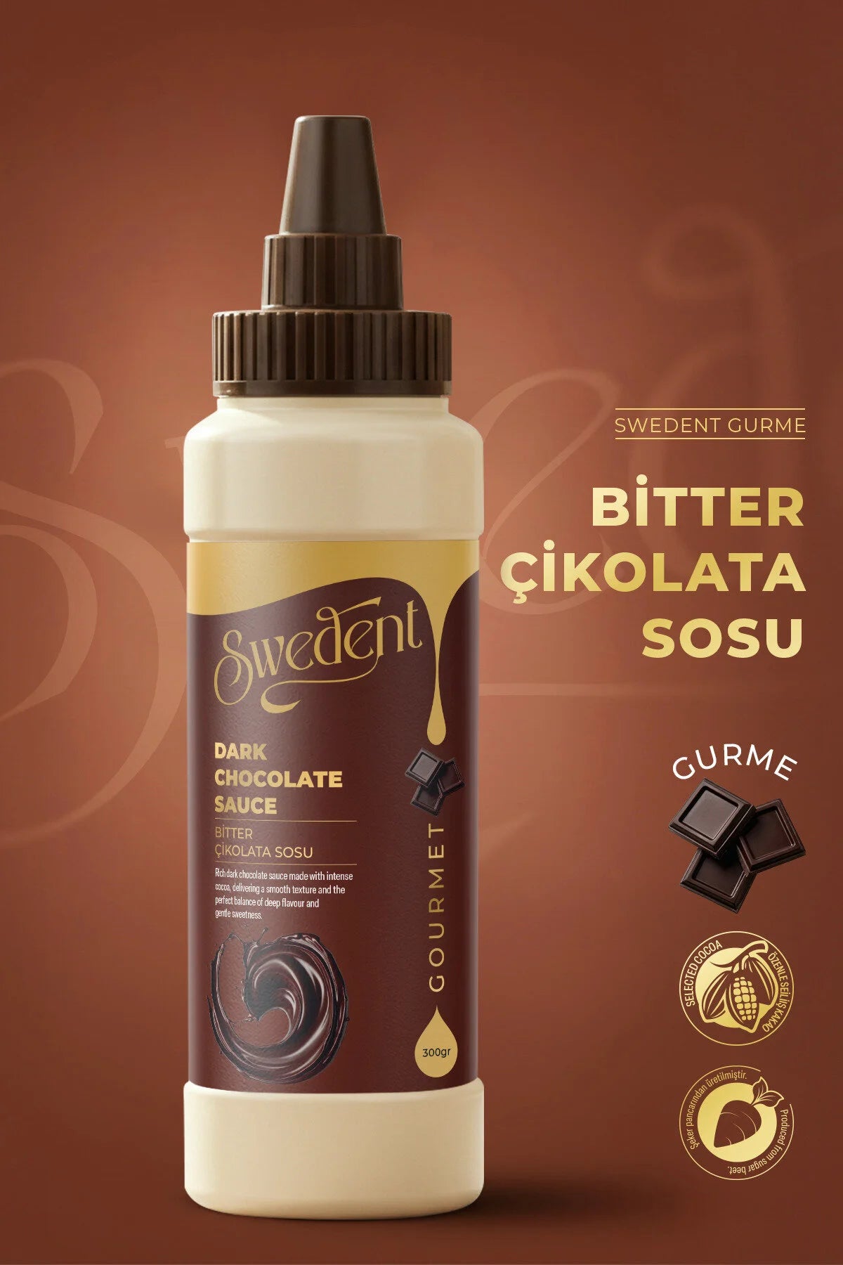 Swedent Gourmet Dark Chocolate Sauce – Pure Chocoladesaus met Cacao – Bittere Chocolade Topping – Voor Desserts, IJs, Pannenkoeken & Wafels – 300 g