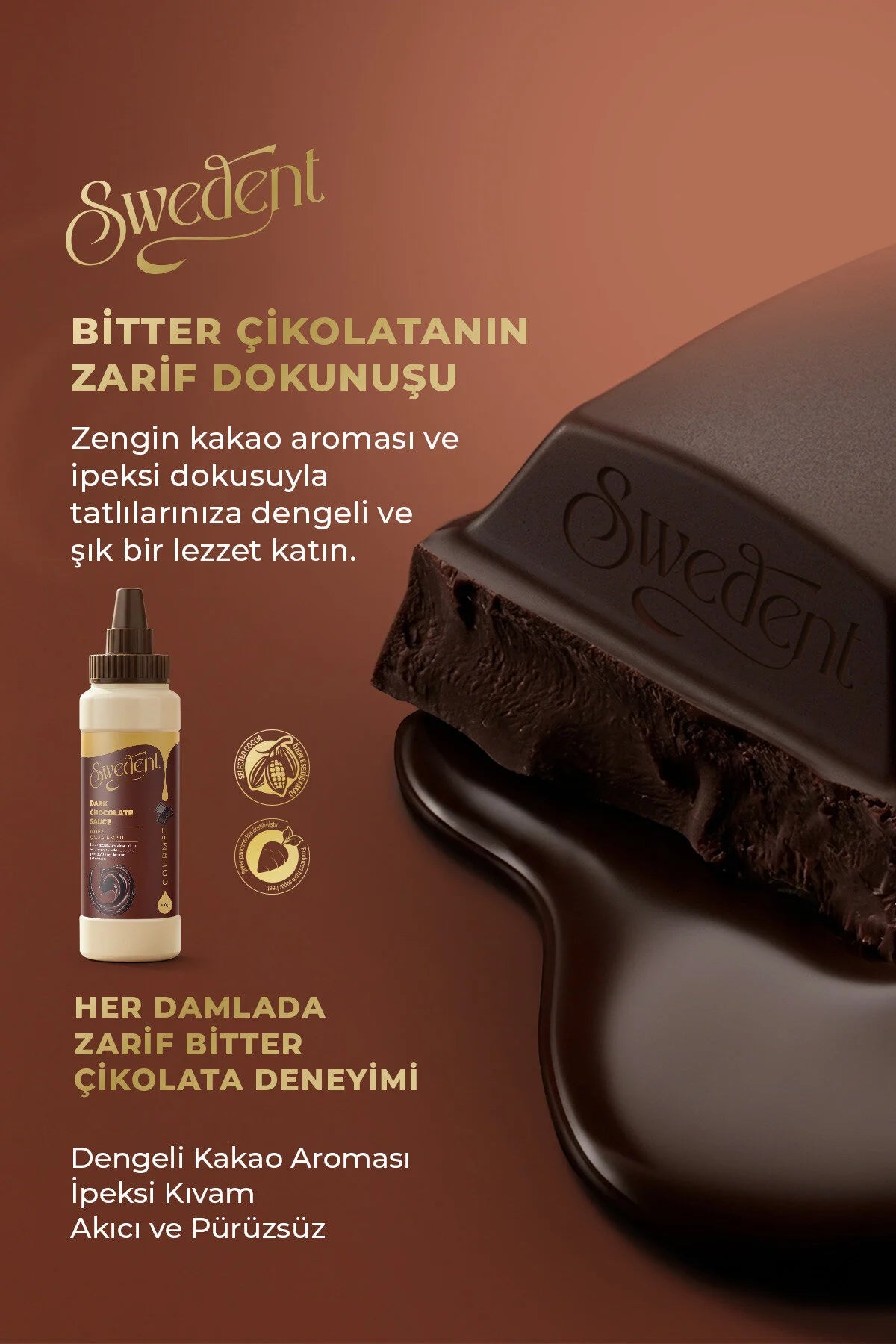 Swedent Gourmet Dark Chocolate Sauce – Pure Chocoladesaus met Cacao – Bittere Chocolade Topping – Voor Desserts, IJs, Pannenkoeken & Wafels – 300 g