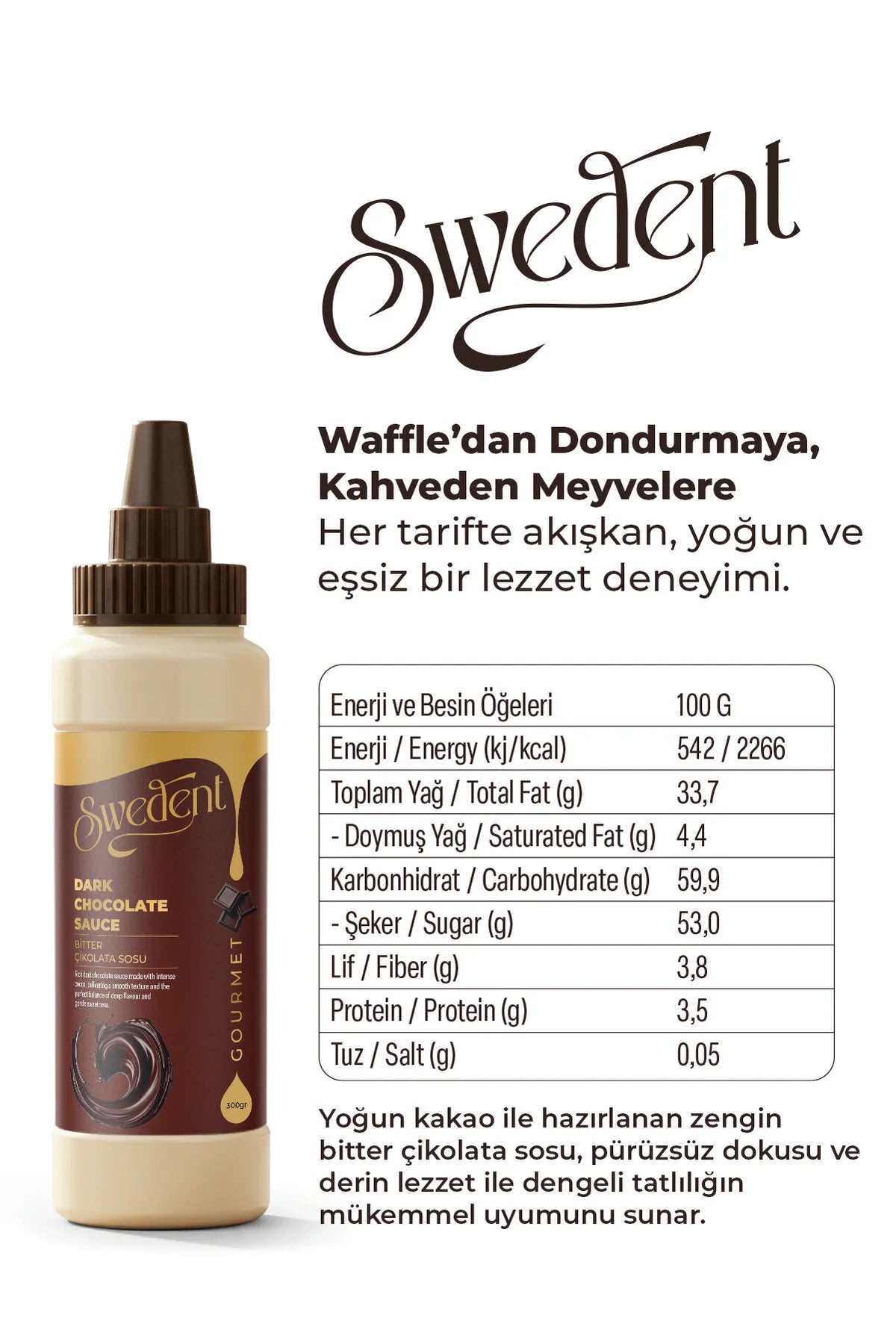 Swedent Gourmet Dark Chocolate Sauce – Pure Chocoladesaus met Cacao – Bittere Chocolade Topping – Voor Desserts, IJs, Pannenkoeken & Wafels – 300 g
