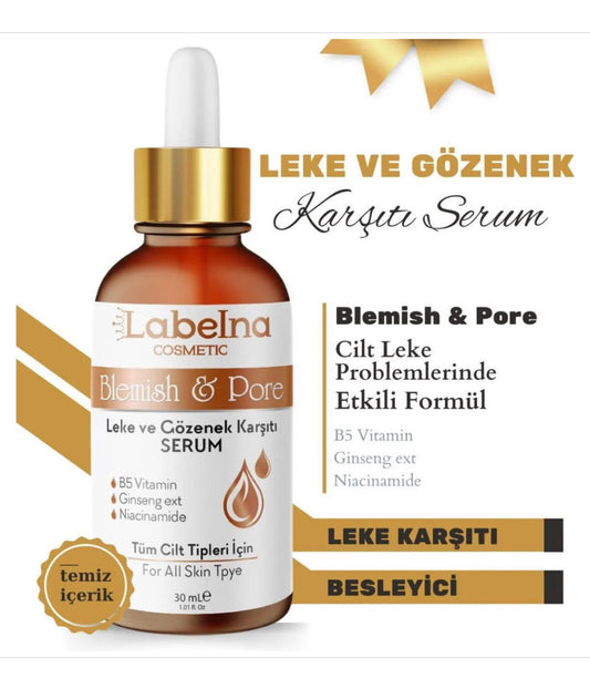 Labelna Kozmetik Leke ve Gözenek Karşıtı 30 ml Yüz Serumu - Akne ve Gözeneklere Karşı Serum Tüm cilt tipleri için B5 ve C Vitamini