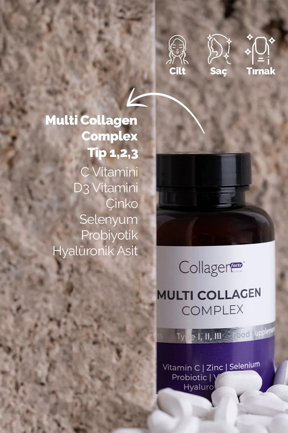 Collagen Forte Platinum Multi-Kollajen Kompleksi, Takviye Edici Gıda, Probiyotik ve Multivitamin 1500 mg x 90 tablet