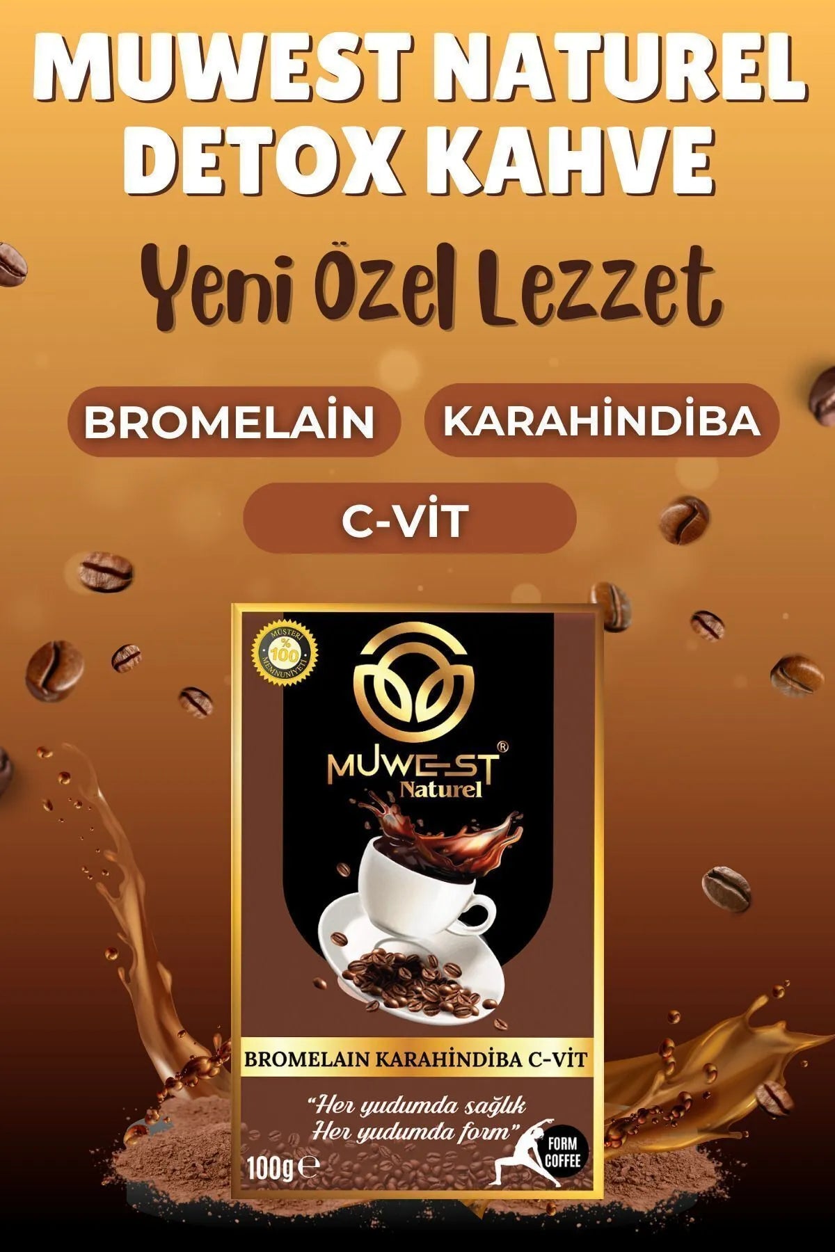 Muwest Doğal Bromelain KaraHindiba Kahve Siyah Hindiba C-Vit Detoks Kahvesi, D Vitamini, C, B6, Demir, Magnezyum, 30 adet