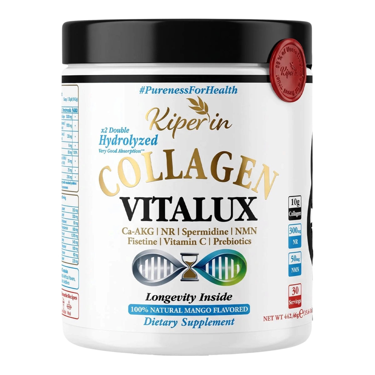 Kiperin Collagen Vitalux – Collageen Poeder met 10.000 mg Gehydrolyseerd Collageen, NMN, NR, Spermidine, Ca-AKG, Fisetine & Vitamine C – Mango Smaak – 444 g