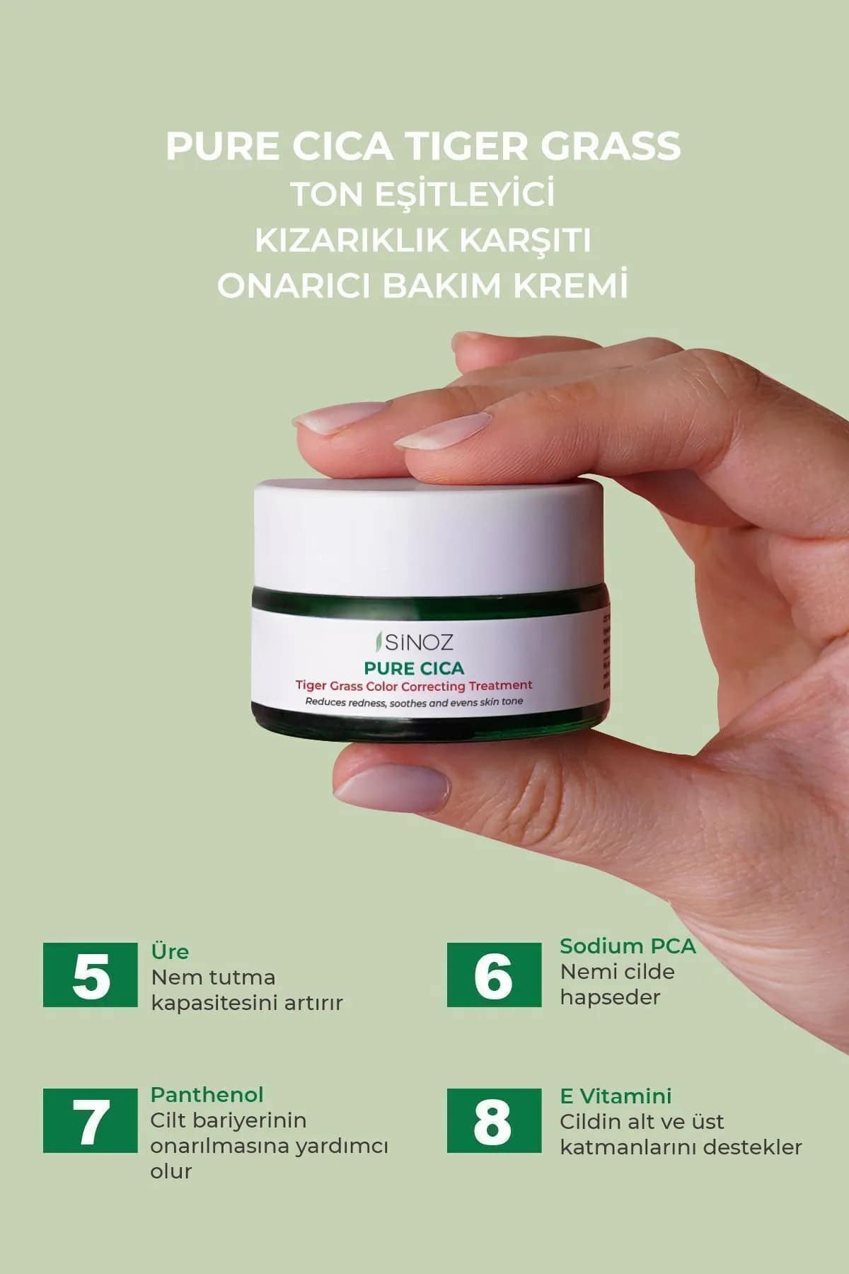 SINOZ Pure Cica Tiger Grass Tone Equalizing Intensief Hyaluronzuur Herstellende Kalmerende Gezichtscrème tegen Roodheid Alle huidtypes 15 ml