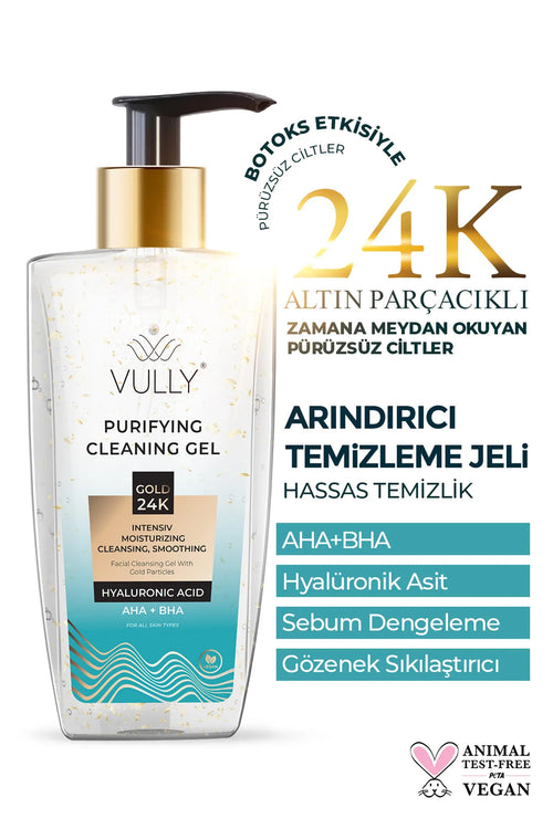 VULLY Intensieve Zuiverende Hydraterende Roriënverstevigende Verzachtende AHA + BHA Hyaluronzuur Gezichtsreinigingsgel met 24k Gouden Deeltjes 200 ml