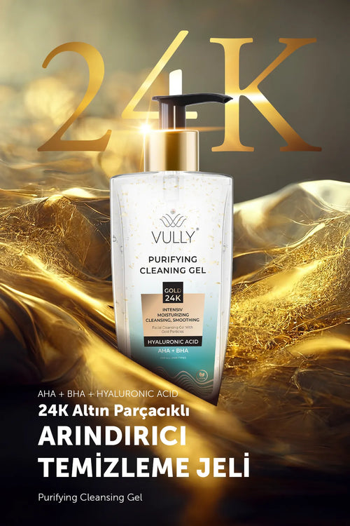 VULLY Intensieve Zuiverende Hydraterende Roriënverstevigende Verzachtende AHA + BHA Hyaluronzuur Gezichtsreinigingsgel met 24k Gouden Deeltjes 200 ml